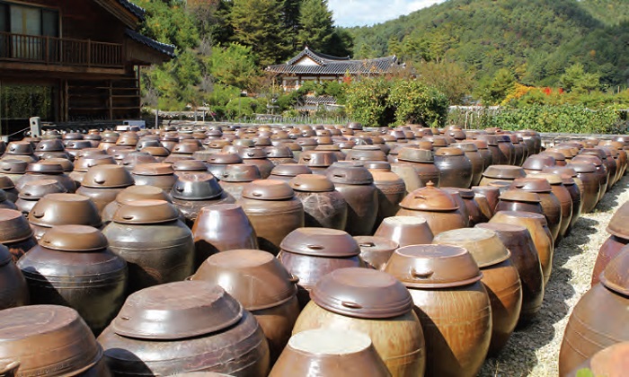<i>Jangdokdae</i> (Soy Jar Terrace). An area outside the kitchen used to store large brown-glazed pottery jars containing soy paste, soy sauce, and chili paste.