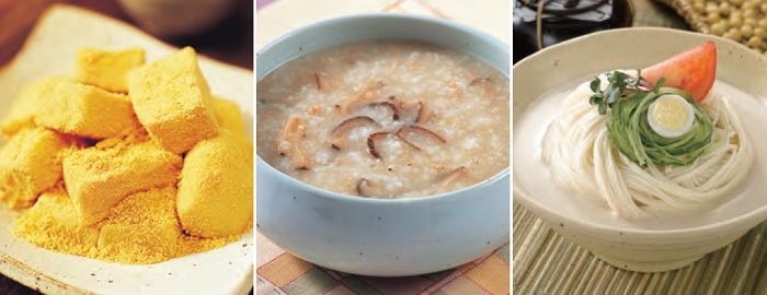 From left: Injeolmi Rice Cake: These Korean rice cakes are made by coating cubes of pounded glutinous rice with bean powder. They are marked by their soft and chewy texture and are easily digested. Janggukjuk (Soy Sauce Porridge): This traditional Korean porridge (Juk) is made by boiling minced beef and Pyogo mushrooms with pounded rice and seasoned with soy sauce. It is rich in proteins and particularly good for people suffering from digestive problems. Kongguksu (Noodles in Cold Soybean Soup): This Korean noodle dish is made by mixing boiled noodles with chilled bean soup. For Koreans, it is a fine source of protein.