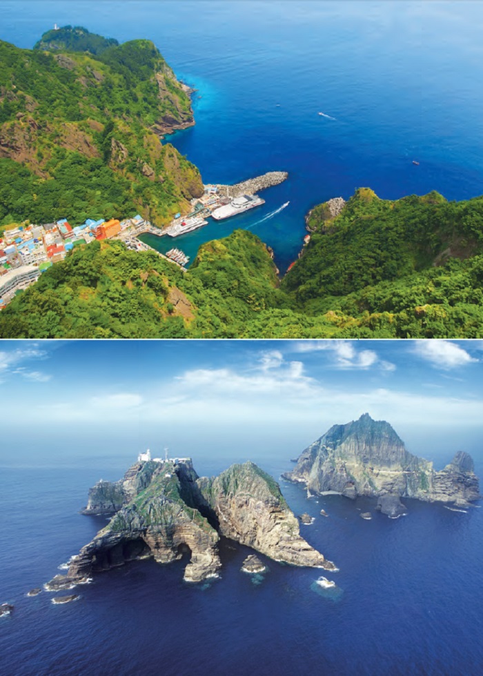 Dodong Port in Ulleungdo (top): A volcanic island lying in the East Sea and Dokdo (Ulleung-gun, Gyeongsangbuk-do): Dokdo consists of two rocky islets, Dongdo and Seodo, situated about 150 meters apart, and 89 rocky outcrops around them.