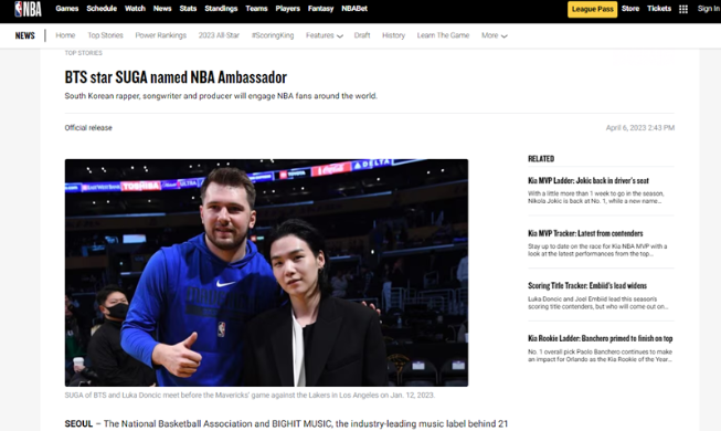 SUGA của BTS trở thành đại sứ toàn cầu của NBA