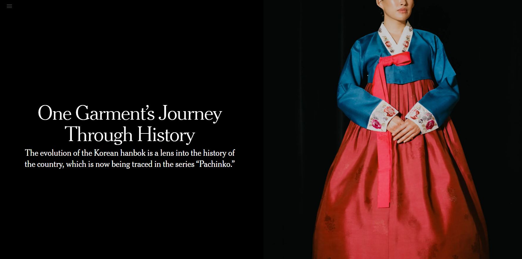 Tờ The New York Times (Mỹ) vào ngày 9 tháng 4 (giờ địa phương) đã đưa tin về bộ trang phục Hanbok truyền thống của Hàn Quốc trong một bài báo có tiêu đề “Hành trình xuyên lịch sử của trang phục”. (Ảnh: Chụp màn hình từ trang web của The New York Times)