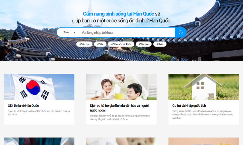 Trang tiếng Việt của trang web “Cẩm nang sinh sống tại Hàn Quốc” hướng dẫn về những thông tin cần thiết, hữu ích trong cuộc sống tại Hàn Quốc. (Ảnh: Chụp màn hình từ trang web Cẩm nang sinh sống tại Hàn Quốc)