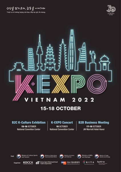 Poster chính thức của Hội chợ triển lãm “K-EXPO VIETNAM 2022” dự định khai mạc tại Hà Nội vào ngày 15/10/2022. (Ảnh: Bộ Văn hóa, Thể thao và Du lịch Hàn Quốc)