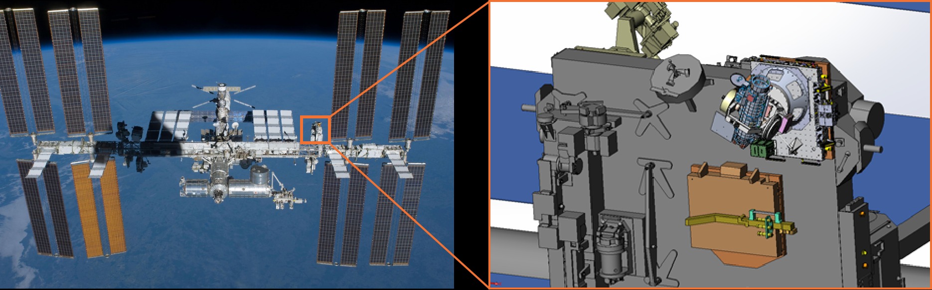 Coronagraph mang tên “CODEX” (Coronal Diagnostic Experiment, bên phải) sẽ được lắp đặt trên Trạm vũ trụ Quốc tế (ISS, bên trái). (Ảnh: Viện Khoa học Vũ trụ & Thiên văn học Hàn Quốc)