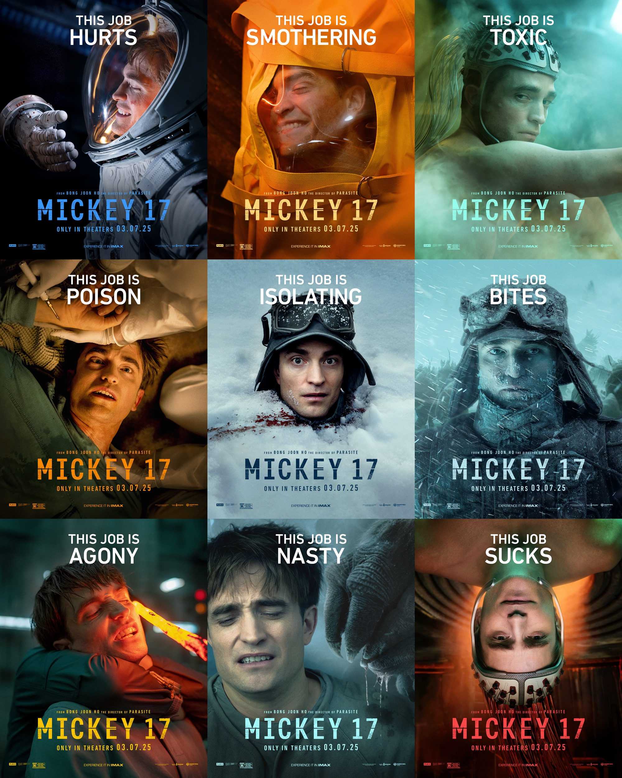 Các poster của bom tấn khoa học viễn tưởng “Mickey 17”. (Ảnh: Warner Brothers Korea)