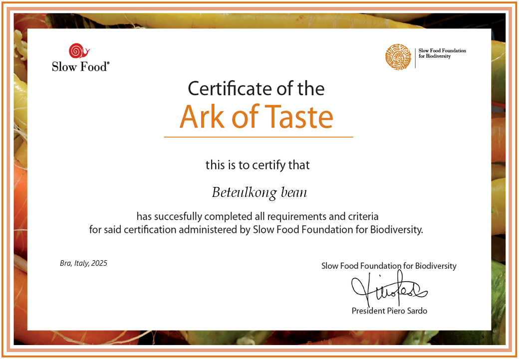 Giấy chứng nhận đậu Beteulkong được đưa vào danh sách “Ark of Taste” của tổ chức Slow Food. (Ảnh: Chính quyền thành phố Dangjin) 