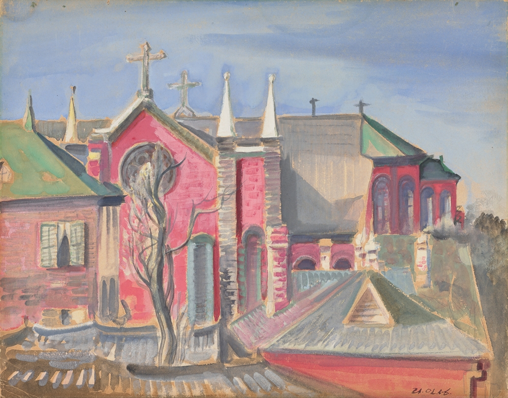 Tác phẩm “Nhà thờ Kyesan-dong” của họa sĩ Lee Inshung, người sử dụng các kỹ thuật màu nước đục theo phong cách của trường phái Hậu Ấn tượng. (Ảnh: Bảo tàng nghệ thuật đương đại quốc gia Hàn Quốc)