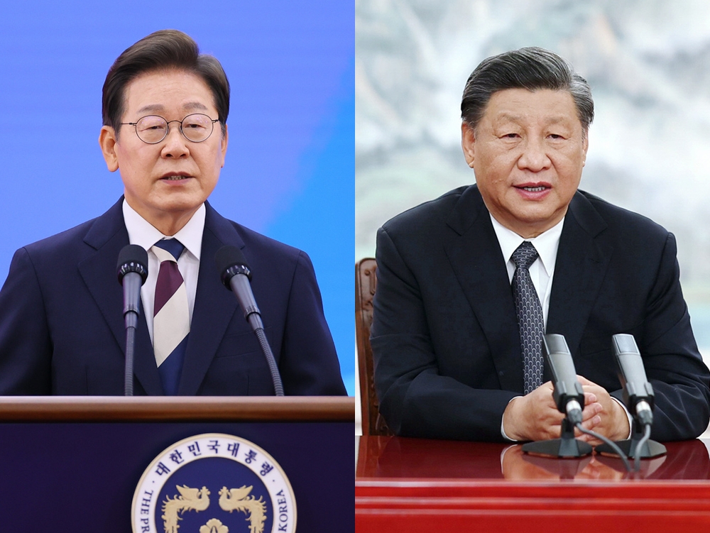 Tổng thống Hàn Quốc Lee Jae-myung (bên trái) ngày 10/6 đã có cuộc điện đàm với Chủ tịch Trung Quốc Tập Cận Bình. (Ảnh trái: Nhóm báo chí Chính phủ Hàn Quốc / Ảnh phải: Yonhap News)