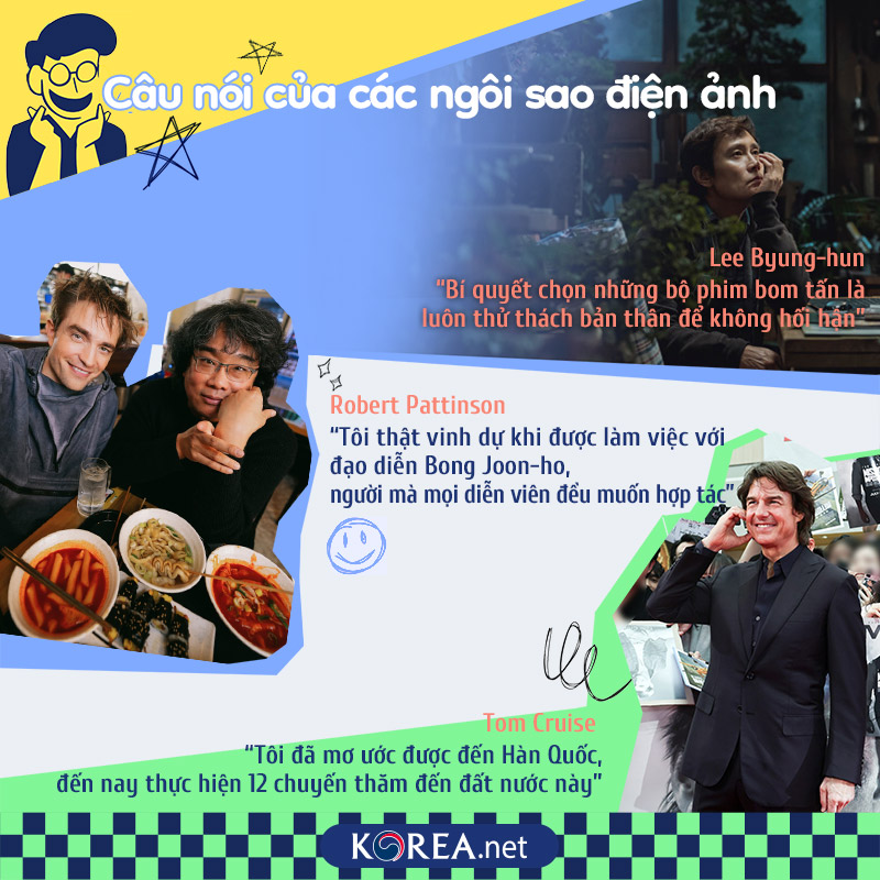 Câu nói của các ngôi sao điện ảnh Lee Byung-hun Bí quyết chọn những bộ phim bom tấn là luôn thử thách bản thân để không hối hận  Robert Pattinson Tôi thật vinh dự khi được làm việc với đạo diễn Bong Joon-ho, người mà mọi diễn viên đều muốn hợp tác  Tom Cruise Tôi đã mơ ước được đến Hàn Quốc, đến nay thực hiện 12 chuyến thăm đến đất nước này 