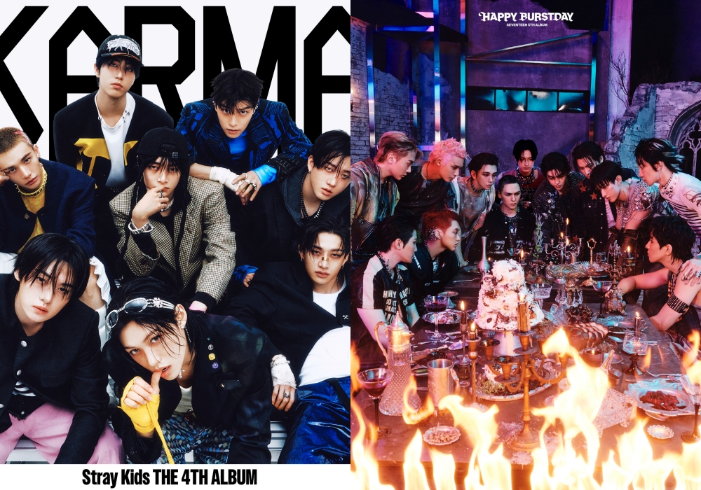 Poster album “KARMA” của nhóm STRAY KIDS (trái) xếp thứ 2 và album “HAPPY BURSTDAY” của nhóm SEVENTEEN xếp thứ 3 trên 
