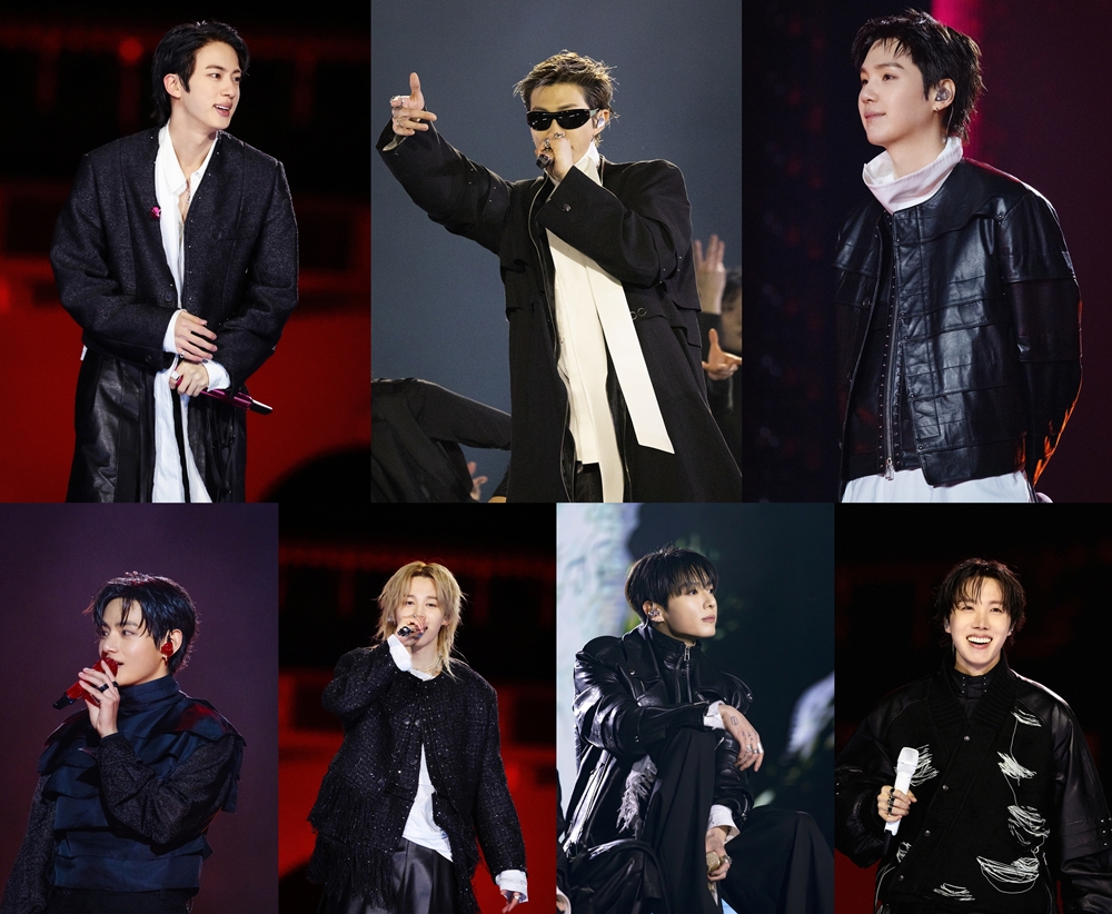 Các thành viên BTS gồm (từ trái qua, theo chiều kim đồng hồ) Jin, RM, Suga, J-Hope, Jungkook, Jimin và V đang biểu diễn trong chương trình “BTS Comeback Live: ARIRANG” tại Quảng trường Gwanghwamun, Seoul vào ngày 21/3. (Ảnh: BIGHIT MUSIC/Netflix). 