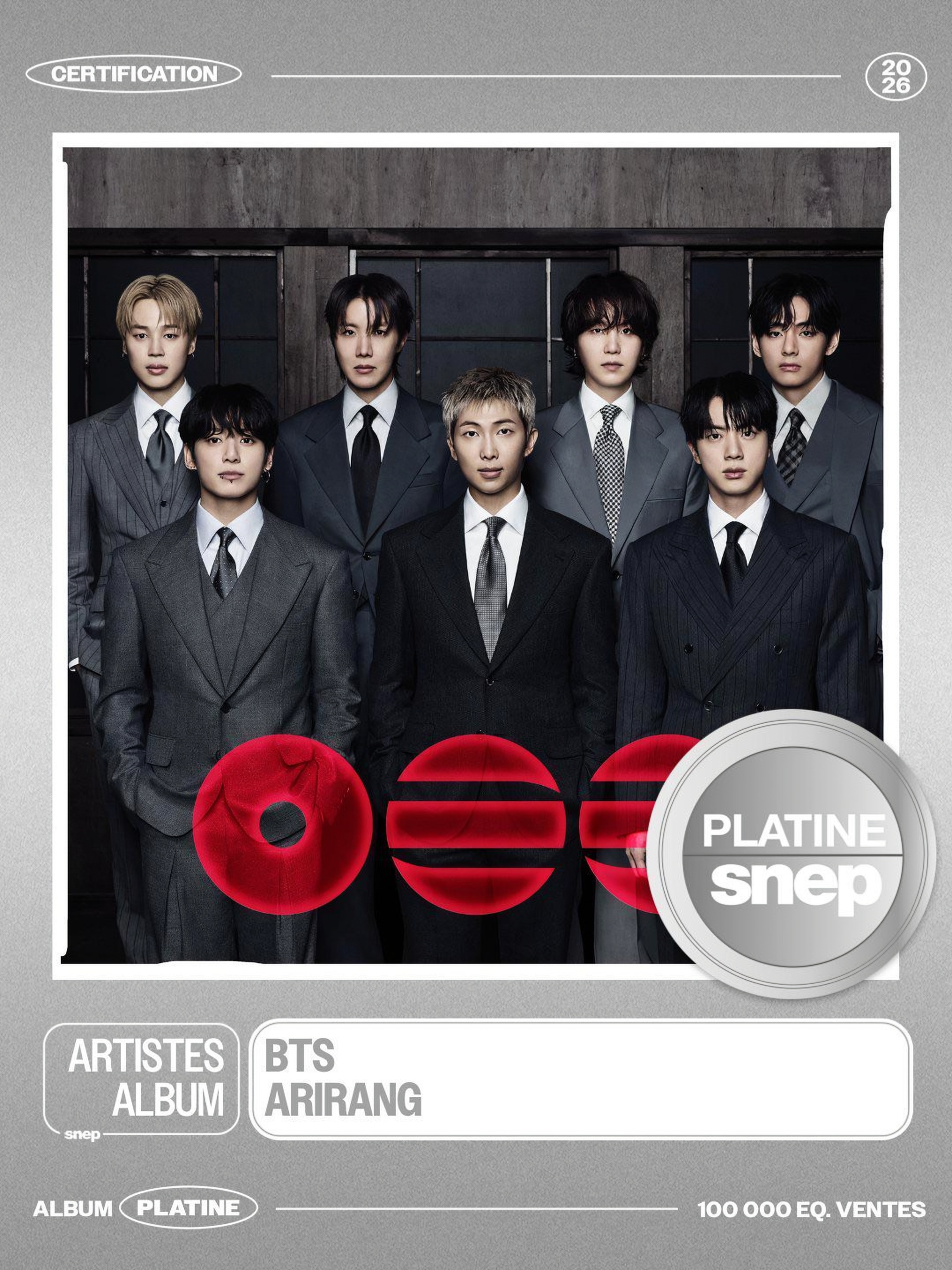 Nhóm BTS đã nhận chứng nhận “Bạch kim” (Platinum) hạng mục album từ Hiệp hội Ghi âm Pháp SNEP với album “Arirang”. (Ảnh: SNEP)