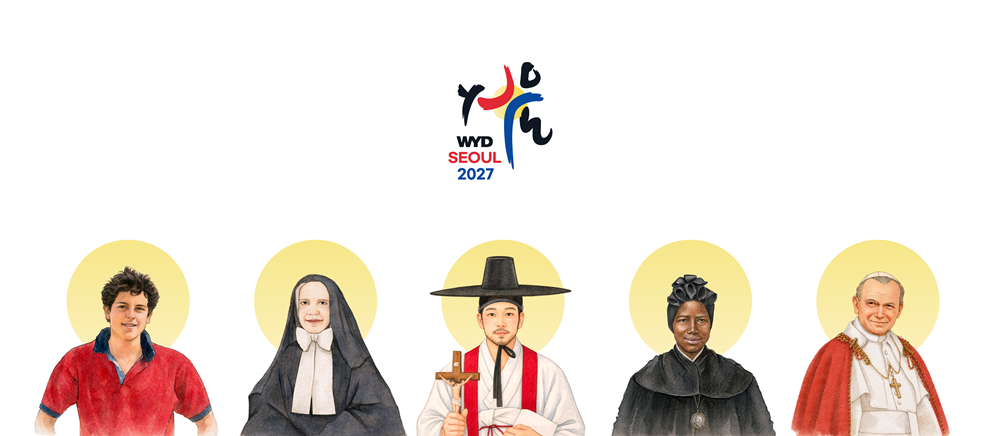 Ng&agrave;y 26/4, Bộ Gi&aacute;o d&acirc;n, Gia đ&igrave;nh v&agrave; Sự sống thuộc Vatican v&agrave; Ban Tổ chức Đại hội Giới trẻ Thế giới (WYD) Seoul 2027 đ&atilde; c&ocirc;ng bố lựa chọn 5 vị th&aacute;nh l&agrave;m th&aacute;nh bảo trợ cho WYD Seoul. Từ tr&aacute;i sang: Th&aacute;nh Carlo Acutis, Th&aacute;nh Frances&nbsp;Xavier Cabrini, Th&aacute;nh Linh mục Andrew Kim Taegon, Th&aacute;nh Josephine Bakhita, v&agrave; Đức Gi&aacute;o Ho&agrave;ng John Paul II. (Ảnh: Ban tổ chức WYD Seoul)