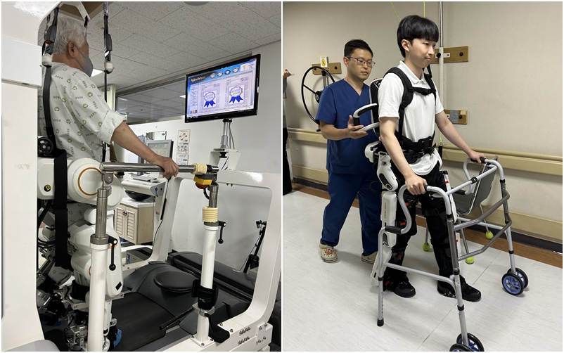 Bệnh nhân tập luyện với robot phục hồi chức năng tại Trung tâm Phục hồi chức năng của Bệnh viện Cựu chiến binh Trung ương. Bệnh nhân tổn thương não (ảnh phải) được điều trị theo từng giai đoạn hồi phục, từ robot Walkbot đến Angel Legs. (Ảnh: Margaret Theresa) 
