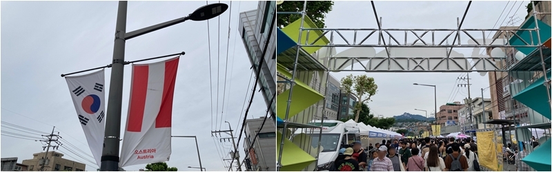 Lá cờ các nước được treo dọc tuyến đường dẫn đến lễ hội Nurimasil (trái). Ngay từ giờ trưa, khu vực lễ hội đã chật kín người tham quan (phải). (Ảnh: Jeong Euiseok)