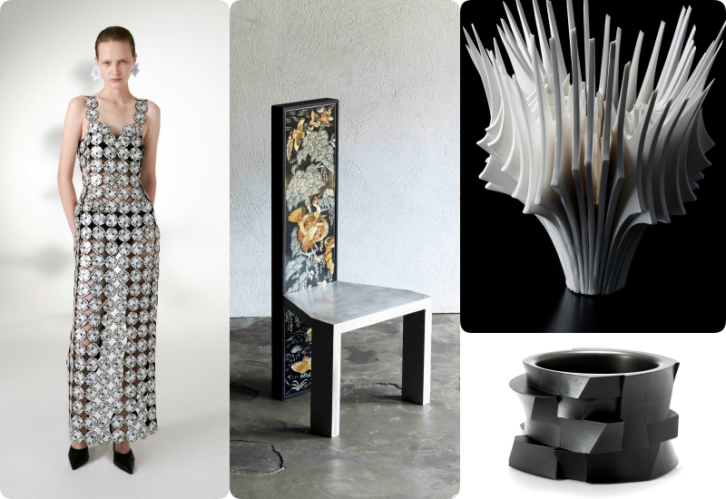 Một số t&aacute;c phẩm được giới thiệu tại triển l&atilde;m chuy&ecirc;n đề &ldquo;In Situ&rdquo; trong khu&ocirc;n khổ &ldquo;Design Miami Seoul 2026&rdquo;. Từ tr&aacute;i sang: d&ograve;ng &ldquo;ME-IN&rdquo; của LEJE, &ldquo;Narrative 001&rdquo; của Byungsub Kim, &ldquo;Bone Flower&rdquo; của Yuki Nara v&agrave; &ldquo;Reconstructed Perspective&rdquo; của Soohyun Cho. (Ảnh: Tổ chức&nbsp;Thiết kế Seoul)
