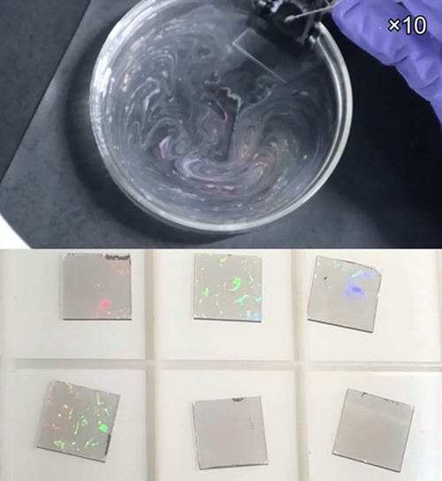 Qu&aacute; tr&igrave;nh c&aacute;c hạt c&oacute; k&iacute;ch thước v&agrave;i trăm nanomet tự tập hợp tr&ecirc;n bề mặt nước để tạo th&agrave;nh mẫu nano (tr&ecirc;n) v&agrave; c&aacute;c mẫu nano kh&aacute;c nhau được tạo ra theo c&aacute;ch n&agrave;y (dưới). (Ảnh: KAIST)