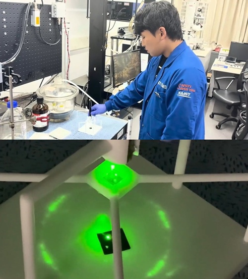 H&igrave;nh ảnh kiểm tra hoa văn nhiễu xạ của &ldquo;dấu v&acirc;n tay nano&rdquo; bằng tia laser xanh l&aacute; (tr&ecirc;n). Hoa văn nhiễu xạ độc nhất xuất hiện khi chiếu tia laser xanh l&aacute; (dưới). (Ảnh: KAIST).