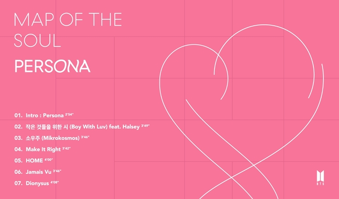 Đây là danh sách bài hát cho album mới “Map of the Soul: Persona” của nhóm nhạc Bangtan Sonyeondan (BTS). (Ảnh: Big Hit Entertainment)