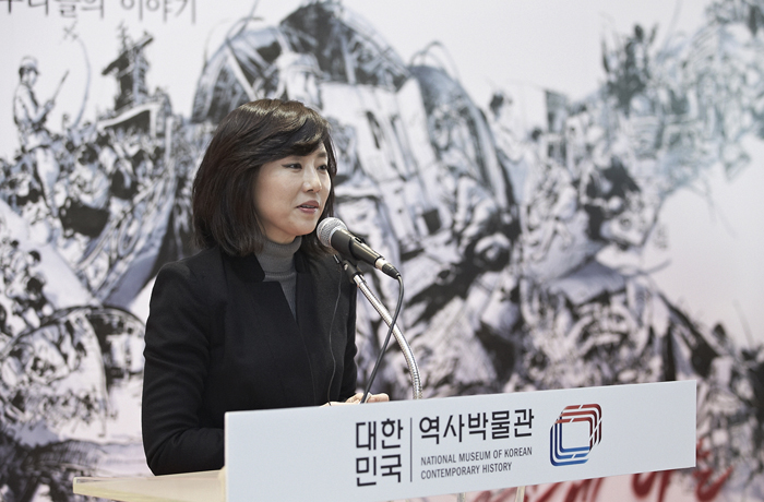 조윤선 여성가족부 장관이 지난 1일 일본군 위안부 피해자 특별전 개막식에서 연설 하고 있다. (사진제공: 대한민국역사박물관)