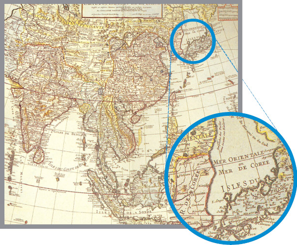 • MER ORIENTALE, MER DE COREE, 1705 - Bản đồ cho thấy việc sử dụng đồng thời MER ORIENTALE (Biển Phương Đông) và MER DE COREE (Biển Hàn Quốc)