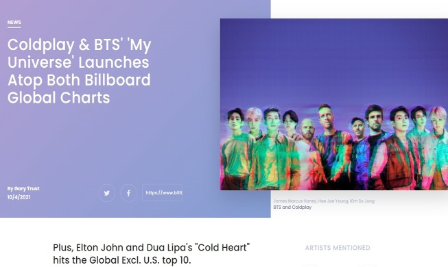 Màn collab “My Universe” giữa BTS - Coldplay lọt vào vị trí số một trên BXH Billboard Hot 100