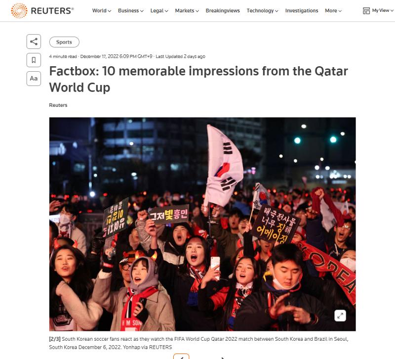 Ngày 17/12 (theo giờ Anh), Reuters đăng tải bài báo với tiêu đề đề “Factbox: 10 memorable impressions from the Qatar World Cup”. (Ảnh: Chụp màn hình từ bài báo của hãng thông tấn Reuters) 