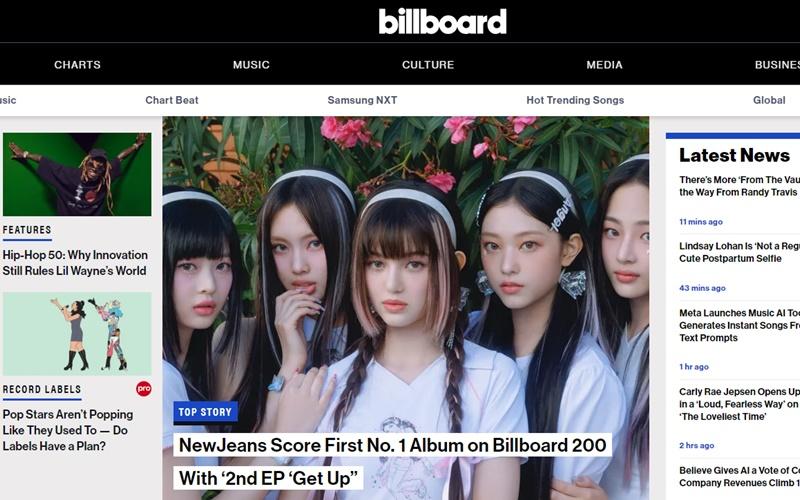 Ngày 02/08 (giờ Mỹ), Billboard thông báo mini album thứ 2 “Get Up” của nhóm nhạc nữ NewJeans đã ra mắt ở vị trí số 1 trên bảng xếp hạng Billboard 200 (từ 30/07-05/08). (Ảnh: Chụp màn hình từ trang web của Billboard)