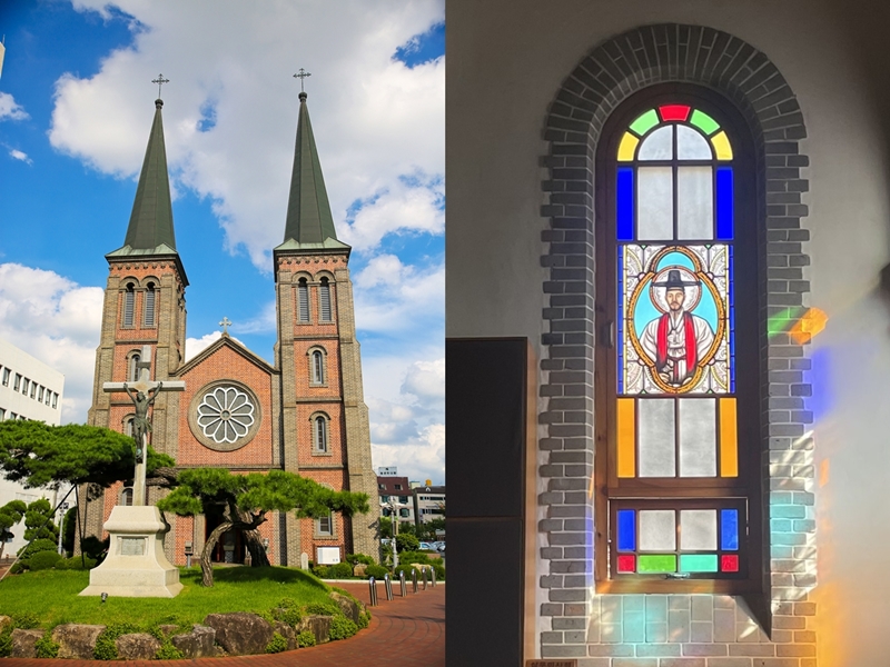 Nhà thờ Đức Mẹ Gyesan (bên trái) và hình ảnh linh mục Kim Taegeon Andrew phía trong nhà thờ (bên phải). (Ảnh: Văn phòng chính quyền quận Jung-gu Daegu, Lee Da Som / Korea.net)