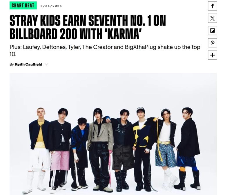 Album mới nhất “KARMA” của nhóm nhạc nam Stray Kids đã đứng đầu trên bảng xếp hạng Billboard 200 của Mỹ. (Ảnh: Chụp màn hình thừ trang web chính thức của Billboard)
