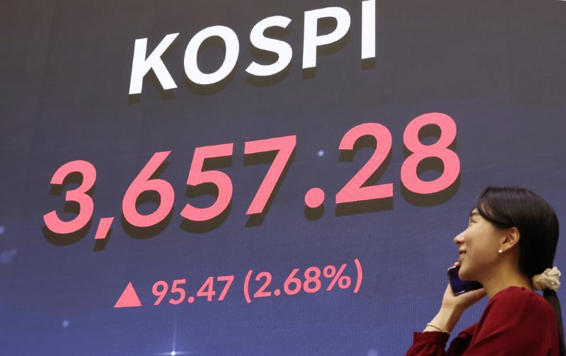 Chỉ số giá cổ phiếu tổng hợp Hàn Quốc (KOSPI, Korea Composite Stock Price Index) trên bảng điện tử tại chi nhánh Seoul của Sở Giao dịch Chứng khoán Hàn Quốc (KRX), quận Yeongdeungpo-gu, thành phố Seoul vào chiều ngày 15/10/2025. (Ảnh: Yonhap News)
