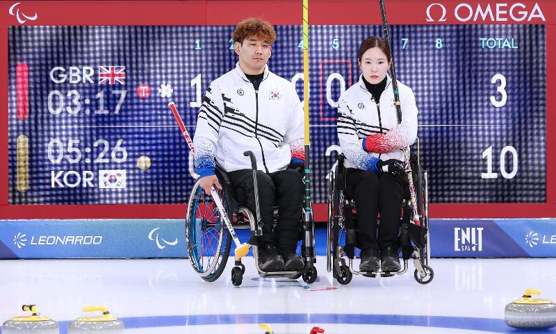 Vận động vi&ecirc;n Lee Yongsuk (b&ecirc;n tr&aacute;i) v&agrave; Baek Hyejin, đại diện H&agrave;n Quốc ở nội dung curling xe lăn đ&ocirc;i nam nữ tại Thế vận hội Paralympic M&ugrave;a đ&ocirc;ng Milano&ndash;Cortina d&rsquo;Ampezzo 2026, sau khi gi&agrave;nh chiến thắng &aacute;p đảo trước đội tuyển Anh trong trận đấu diễn ra ng&agrave;y 6/3 (giờ địa phương). (Ảnh: Ủy ban Thể thao Người khuyết tật&nbsp;H&agrave;n Quốc)